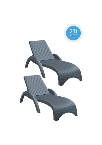 Omnipazar Trk-860 Siesta Fiji Rattan Desenli Ayarlanabilir Lüks Şezlong Koyu Gri 2'li Set Koyu Gri