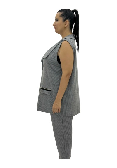Büyük Beden Viskon Gri Çizgili Yelek Pantolon Oversize Kadın Takım