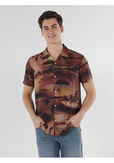 Colin's Regular Fit Shirt Neck Palmiye Desenli Turuncu Erkek Kısa Kol Gömlek CL1057831_Q1.V1_COR Kahverengi