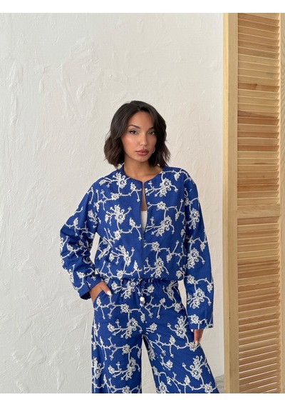 Verymoda Çiçek Nakışlı Fermuarlı Ceket F1948 Saks