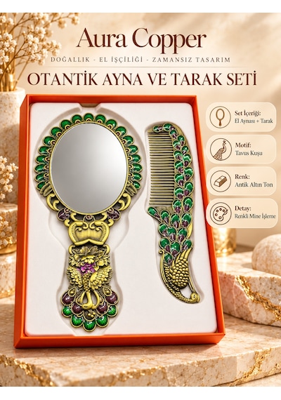 Aura Copper Tavus Kuşu Motifli Mineli El Aynası Ve Tarak Seti 2 Parça Ac-at-001- Antik Altın Yeşil