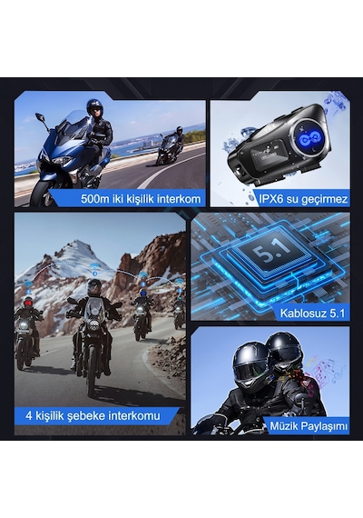 Y6x Kask Intercom Seti - 4 Cihaz 1000m Grup Eşleşme, Fm Radyo & Ipx6 Su Geçirmez