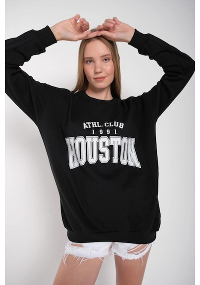 Startmore Kadın Gri Houston Baskılı Bisiklet Yaka Oversize Sweatshirt Mdgnhouston Siyah