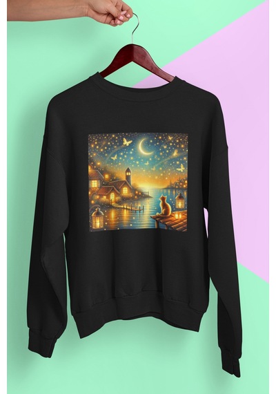 Magors Stıl-x Sevimli Kediler Baskılı Unısex Bisiklet Yaka Oversize Sweatshırt Siyah