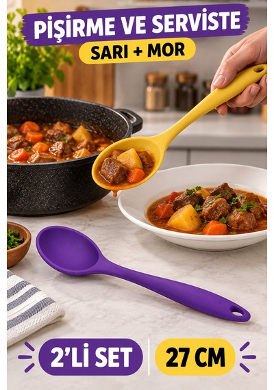2'li Set Sarı Mor Büyük Boy Silikon Kaşık 27 Cm Mutfak Yemek Pişirme Ve Servis Kaşığı İki Renkli Set