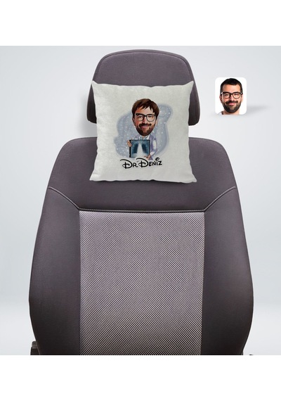 Bk Gift Kişiye Özel İsimli Erkek Radyolojist Karikatürlü Kare Araç Koltuk Yastığı-1 Çok Renkli