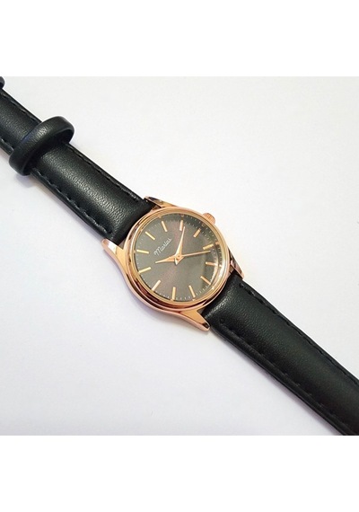 Retro Kadın Kol Saati, Vintage Minimal, Rose Gold Renk, Çizgili Kadran, Koyukahverengi Kordon Rose Gold Siyah Kordon Altın