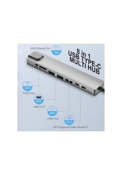 Type-c Hub Dönüştürücü Çevirici Çoklayıcı Usb Hdmı Micro Sd 8 Girişli