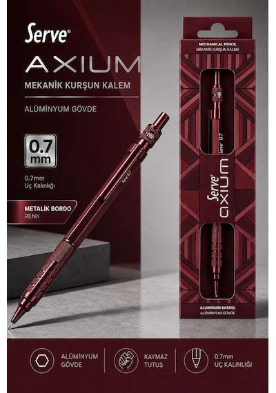 Serve Axium Mekanik Kurşun Kalem 0.7 Mm Alüminyum Gövde - Metalik Bordo Çok Renkli