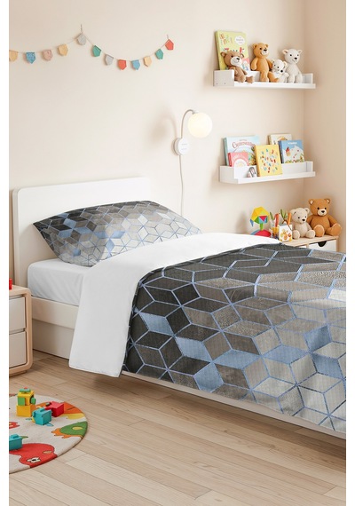 Geometrik Mavi Genç Odası Tek Kişilik Dekoratif Pike Takımı - Gri 160x220 Cm Kapitone Yatak Örtüsü Kırçıllı Yaprak Akışı
