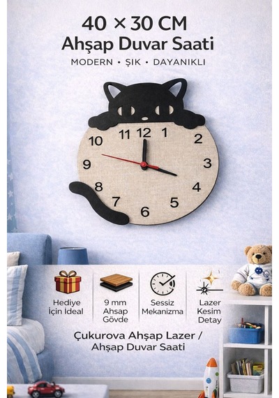 Arliadesign Kedi Figürlü Ahşap Dekor Hediyelik Duvar Saati / 6 Mm Mdf