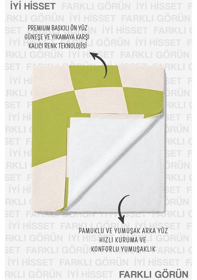 Damalı Geometrik Modern Plaj Havlusu - Yeşil Beyaz Retro Dalgalı Hızlı Kuruyan Mikrofiber Havlu Ayaz Gölgesi