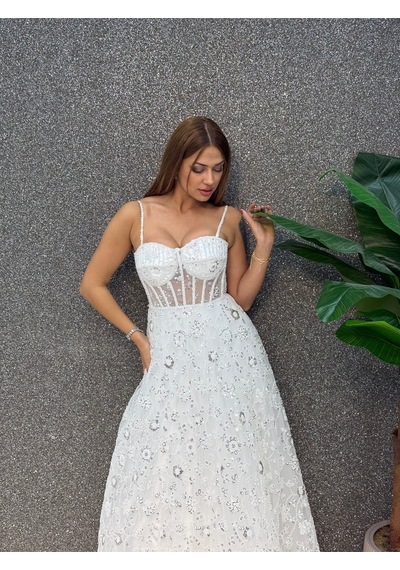 E&a Eren Abiye Bebe Mavisi Ince Askılı Boncuk Islemelı Abıye Beyaz