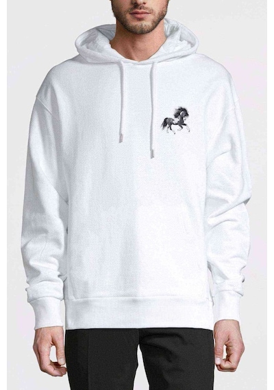 Siyah Beyaz Siyah At Gri Baskılı Beyaz Erkek Kapşonlu Sweatshirt