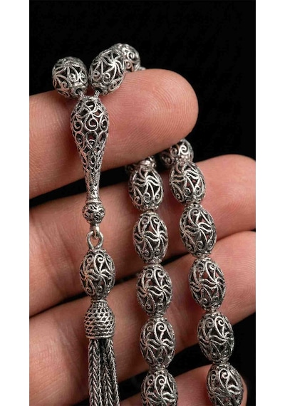 925 Ayar Oval Kesim 3 Kamçılı Püskül Orta Boy Spiral Desenli Otantik Gümüş Tesbih Gümüş  - Siyah