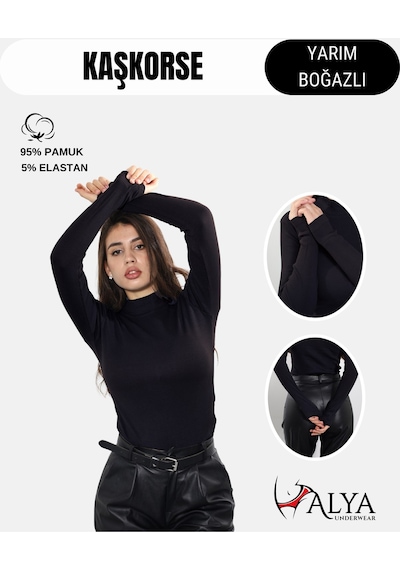 Alya Underwear Kaşkorse Yarım Boğaz Body Sweatshirt, Fitilli Kumaş, Likralı, Bordo SIYAH