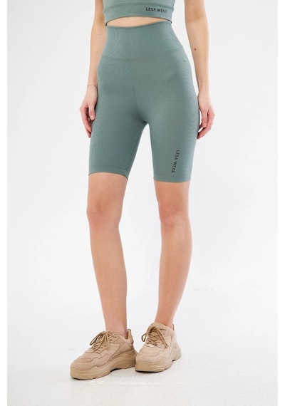 Yüksek Bel Fitilli Biker Baskılı Şort - Mint Yeşili