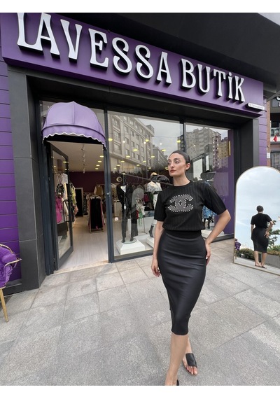 Chnel Taş Logolu Baskılı Büstiyer- Siyah-174