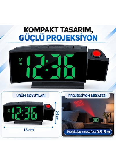 Valkyrie Projeksiyonlu Dijital Masa Saati Yeşil Led Ekranlı Alarm Snooze Sıcaklık Tarih Usb Ve Pil Siyah
