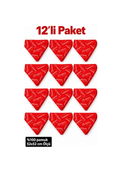 Herşeynota 12 Li Atatürk İmzalı Kırmızı Fular Bandana %100 Pamuk 52x52 Cm Tören Etkinlik Çok Renkli