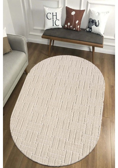Raschel Carpet Kaymaz Taban Moopy Oval Krem Bukleli Yumuşak Soft Dokuma Yolluk Halı Salon Halısı Lp1001a Krem Krem