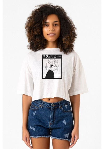 Hunter X Hunter Anime Neferpitou Beyaz Kırçıllı Kadın Crop Tshirt Beyaz