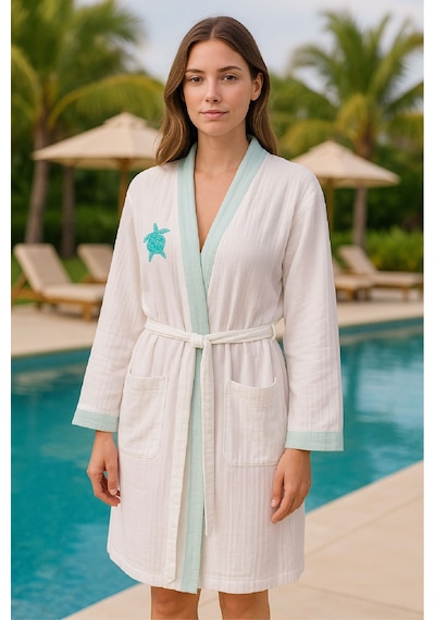 Baskılı Müslin Kimono Bornoz Unisex %100 Pamuk Yumuşacık 2 Katlı Doğal Kumaş - Ztmbb10 Turkuaz