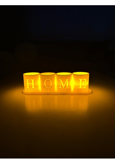 Home Yazılı 4'lü Led Tealight Mumluk Seti Beyaz Standlı Dekoratif Ev Aksesuarı