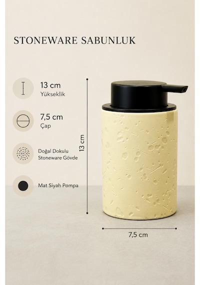 Terra Stoneware Traverten Dokulu Siyah Pompalı Dekoratif Sıvı Sabunluk 500 Ml , 13 X 7.5 Cm Bej