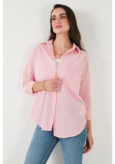 Lela Regular Fit Uzun Kollu Cepli Çizgili Bayan Gömlek 6772895 Şeker Pembe