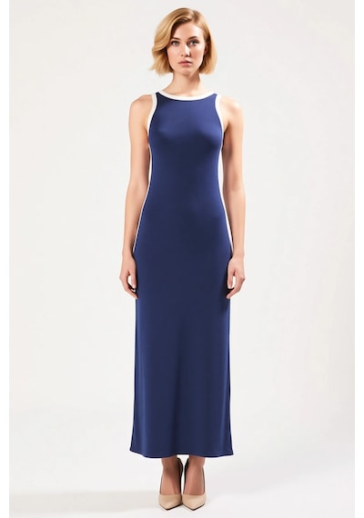 Benerly Kadın Halter Yaka Kolsuz Bodycon Kalıp Ribana Maxi Elbise Fonksiy Lacivert