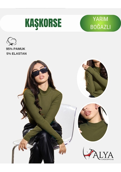 Alya Underwear Kaşkorse Yarım Boğaz Body Sweatshirt, Fitilli Kumaş, Likralı, Bordo Asker Yeşili