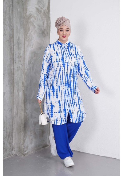 Polologin Butik Mavi Desenli Tunik Ve Pantolon Takım Mavi & Beyaz