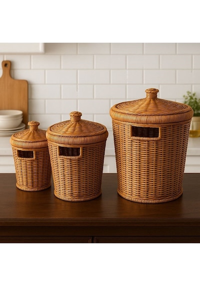3 Lü Set 3 Boy Hasır Kapaklı Patates Soğan Mutfak Sunum Sebzelik Örgü Sepeti Dekor Şemsiyelik Açık Ahşap