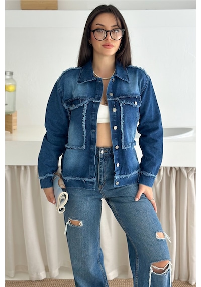 Femelle Kadın Mavi Saçaklı Dikiş Detaylı Oversize Denim Kot Ceket