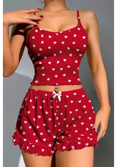 Red Womans Pamuklu Kırmızı Üstüne Beyaz Kalp Desen Fitilli Askılı Şortlu Pij Red Womans Pamuklu Kırmızı Üstüne Beyaz Kalp Desen Fitilli Askılı Şortlu Pij