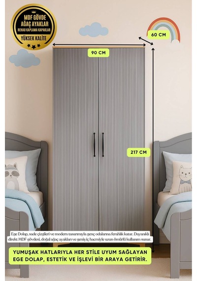 Ege 2 Kapaklı Genç Odası Dolabı Modern Tasarım, %100 Mdf Kalitesi Gri