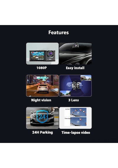 Symbee 3'lü Kameralı 1080p Dvr Araç Kamerası - Gece Görüşü, Döngü Kayıt, Geniş Açı, 2 İnç Ekran, Wifi Bağlantılı