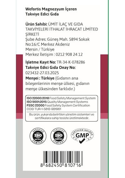 Wefortis Magnezyum Complex -3lü Kombinasyon Malat-glisinat-sitrat 60 Tablet