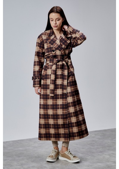 Elora Kahverengi Ekose Detaylı Premium Oversize Trençkot 46650 Kahverengi-vizon