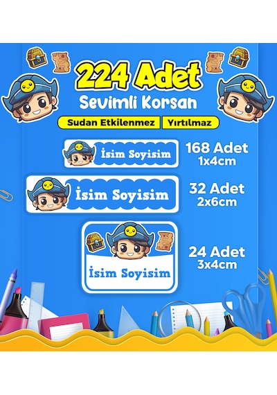 Sevimli Korsan Temalı Okul Kreş Kişiye Özel İsim Etiket Seti - Model 297 Çok Renkli