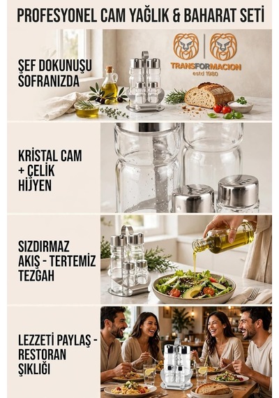 4'lü Paslanmaz Çelik Stantlı İçi Cam Yağlık Sirkelik Tuzluk Biberlik Seti Menaj Takımı 723501 Diğer