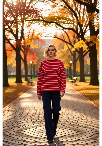 Benerly Kadın Bisiklet Yaka Düşük Kol Çizgili Örme Geniş Kesim Sweatshirt Kırmızı