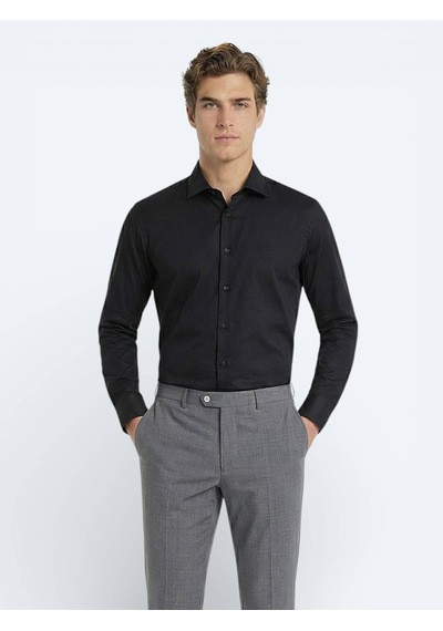 Kip Siyah Düz Slim Fit Uzun Dokuma Klasik %100 Pamuk Gömlek