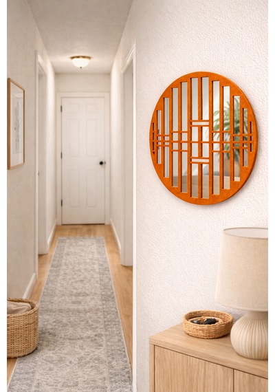 Oval Ayna Pleksi Duvar Dekoru Keçe Detaylı Modern Aynalı Tablo Turuncu Turuncu