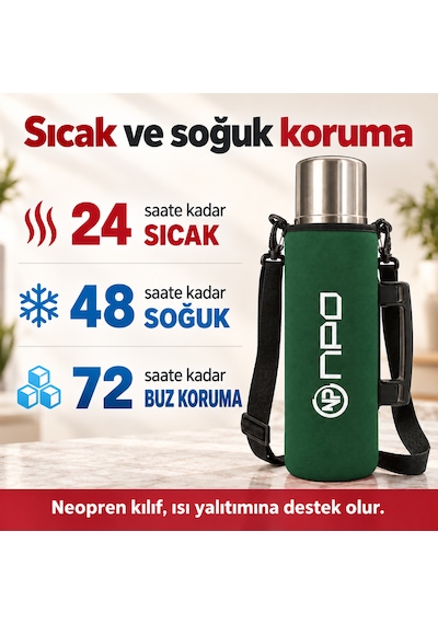 Npo Nt01 2 Katman Vakum Teknolojili 24h Sıcak 48h Soğuk 72h Buzlu Koruma Çelik Termos Yeşil Kılıflı