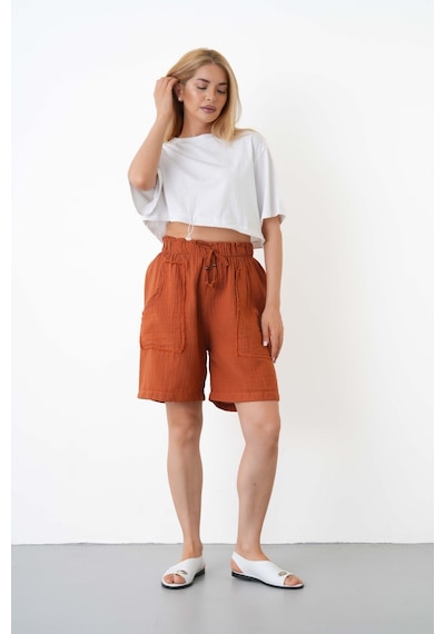 The Voler Müslin Şort Kadın Yüksek Bel Oversize Rahat Kesim Cepli %100 Pamuklu Yazlık Şort Kiremit The Voler Müslin Şort Kadın Yüksek Bel Oversize Rahat Kesim Cepli %100 Pamuklu Yazlık Şort Kiremit