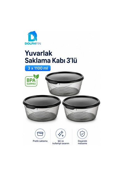 3 Lü Yuvarlak Saklama Kabı Seti 3x1,1 Litre Füme Şeffaf Siyah Kapaklı Bpa İçermez