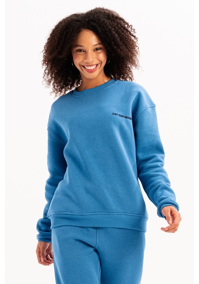 Justever Bisiklet Yaka Nakışlı Şardonlu İçi Polarlı Mavi Kadın Sweatshirt - Rigil Mavi