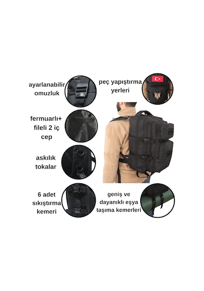 Baggor Kampçı-Seyahat-Dağcı-Outdoor-Askeri Taktik Sırt Çantası Siyah Çok Renkli
